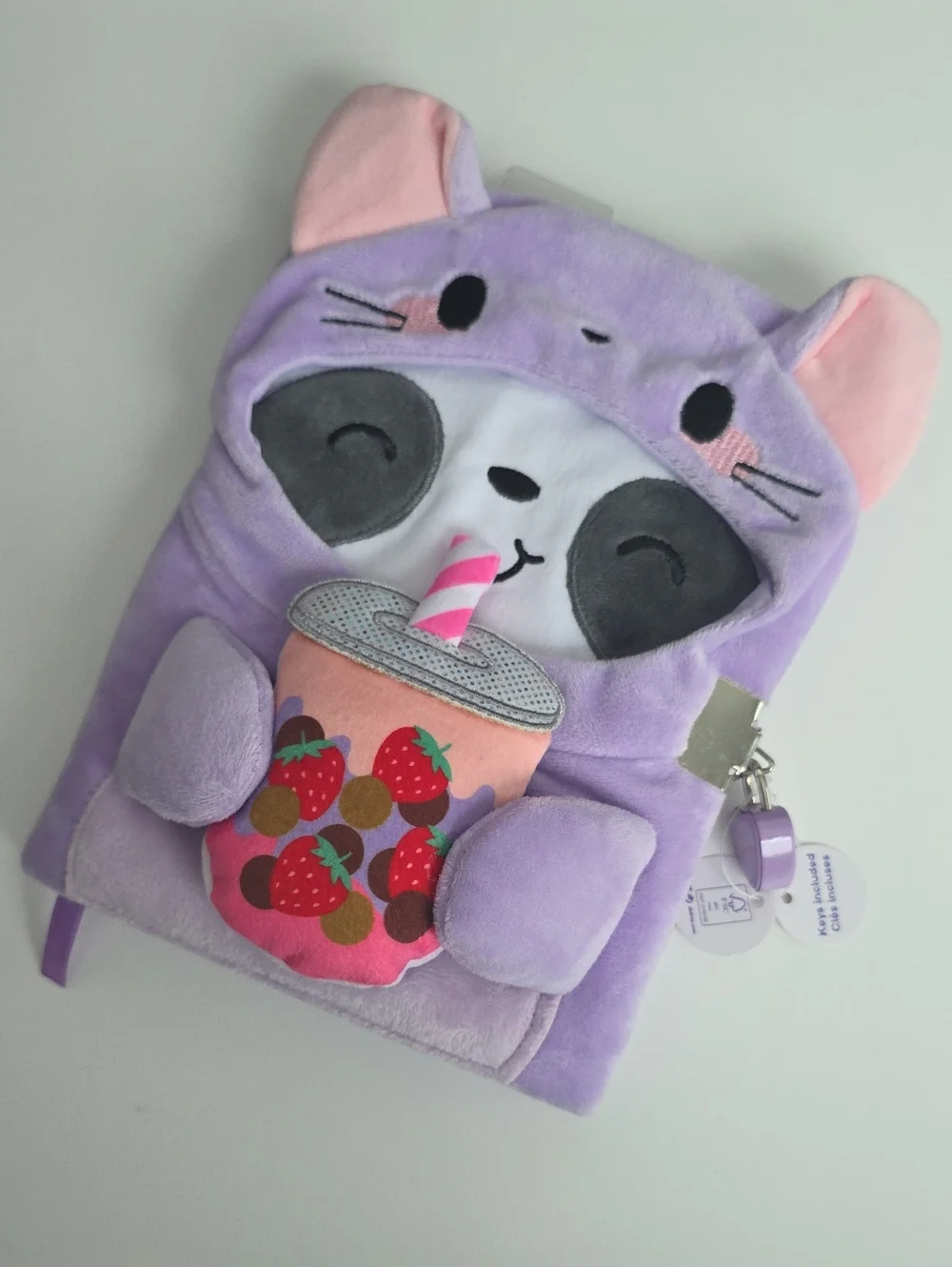 Diary With Lock - Purple Plush Mouse Panda with Strawberry Boba
